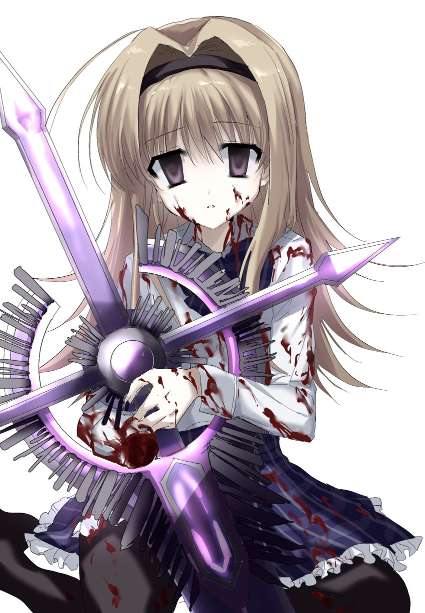 amputee black_hairband black_pantyhose blonde_hair blood blood_on_clothes blood_on_face blue_bow bow chaos;head empty_eyes female frilled_skirt frills hair_intakes hairband head_tilt highres holding holding_sword holding_weapon kasukasugom1 long_hair looking_at_viewer nishijou_nanami pale_skin pantyhose parted_lips plaid_clothes pleated_skirt purple_eyes school_uniform sitting skirt solo sword weapon white_background yokozuwari