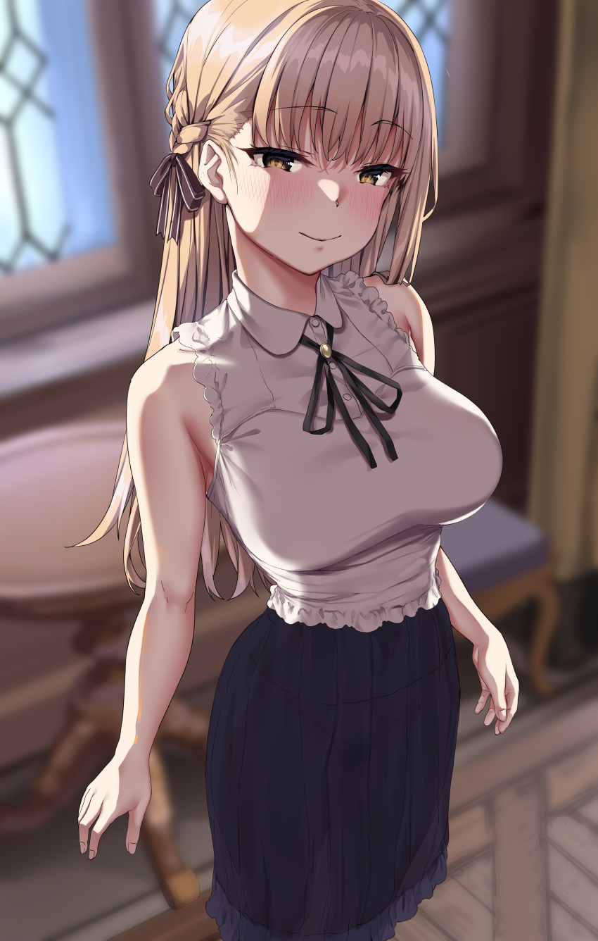 absurdres bare_shoulders black_ribbon black_skirt blonde_hair blunt_bangs blurry blurry_background blush breasts brown_ribbon closed_mouth female hair_ribbon harukawa_syuria_(jack_dempa) highres jack_dempa large_breasts long_hair looking_at_viewer original ribbon shirt skirt sleeveless sleeveless_shirt smile solo yellow_eyes