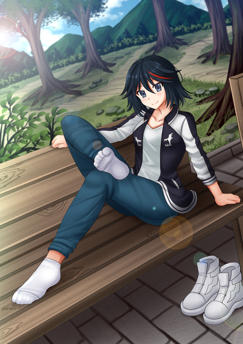 ankle_socks bench black_hair black_jacket black_shirt blue_pants blue_sky boots breasts closed_mouth cloud cloudy_sky collarbone commentary commission day english_commentary feet female grey_eyes hair_between_eyes highres jacket kazenokaze kill_la_kill long_sleeves looking_at_viewer matoi_ryuuko medium_breasts mountain multicolored_hair on_bench open_clothes open_jacket outdoors pants red_hair shirt sky smile socks soles solo streaked_hair tree unworn_boots white_footwear white_socks