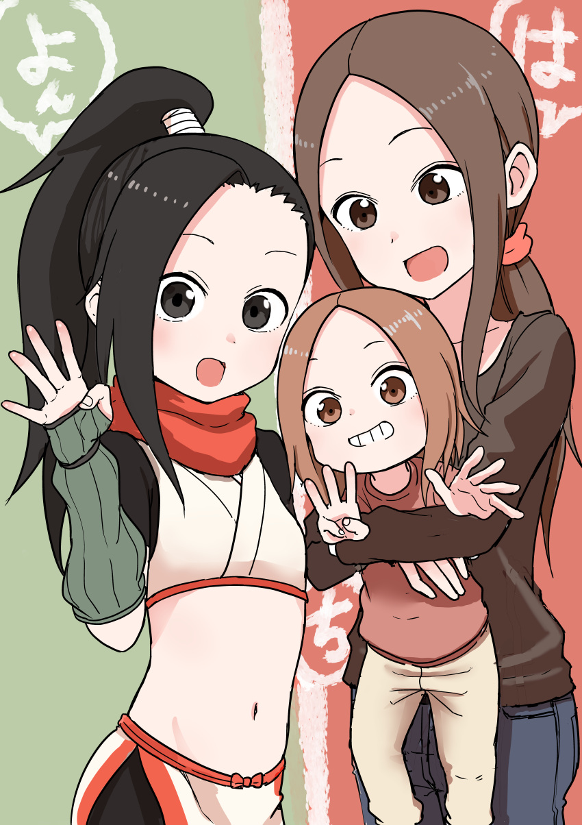 3girls absurdres age_difference arm_warmers black_eyes black_hair brown_eyes brown_hair creator_connection finger_counting height_difference highres inaba_mifumi karakai_jouzu_no_(moto)_takagi-san karakai_jouzu_no_takagi-san kunoichi_tsubaki_no_mune_no_uchi lolicon long_hair midriff mother_and_daughter multiple_girls navel nishikata_chii ponytail release_celebration stomach takagi-san tsubaki_(kunoichi_tsubaki_no_mune_no_uchi)