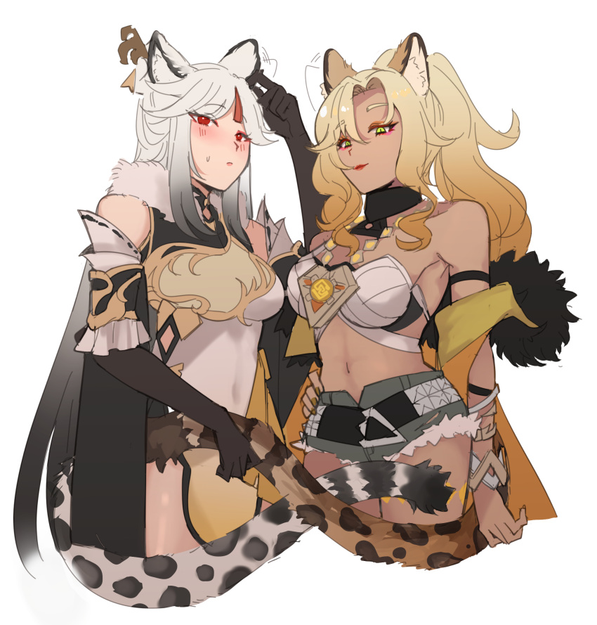 2girls animal_ears arm_strap black_gloves blonde_hair covered_navel dark_skin genshin_impact gloves highres hinagi_(fox_priest) jaguar_ears jaguar_tail kemonomimi_mode long_hair looking_at_viewer midriff multiple_girls navel ningguang_(genshin_impact) red_eyes simple_background stomach tail very_long_hair white_background white_hair xilonen_(genshin_impact)