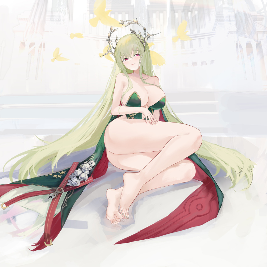 absurdres ass azur_lane bare_shoulders barefoot breasts cleavage collarbone dress dress_flower female flower full_body gold_trim green_dress green_hair hair_ornament highres large_breasts long_hair looking_at_viewer napoli_(azur_lane) purple_eyes rose solo strapless strapless_dress suo_bu_ye_feng toes very_long_hair white_flower white_rose