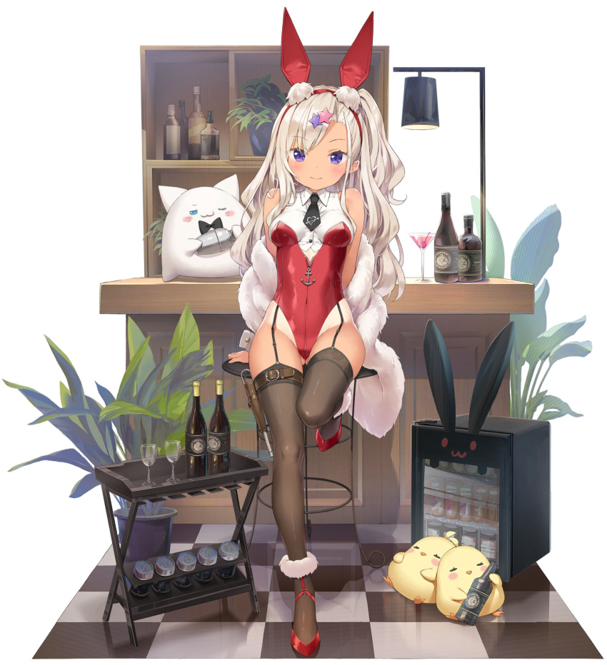 animal_ears archerfish_(azur_lane) archerfish_(coquettish_bunny)_(azur_lane) azur_lane bare_shoulders bird black_thighhighs blonde_hair bottle breasts chick closed_mouth cocktail_glass cup drinking_glass fake_animal_ears feather_boa feline female garter_straps hairband highleg highleg_leotard highres kani_biimu leg_up leotard long_hair looking_at_viewer manjuu_(azur_lane) medium_breasts meowfficer_(azur_lane) necktie off_shoulder official_alternate_costume official_art one_side_up playboy_bunny purple_eyes rabbit_ears red_footwear red_leotard shoes short_necktie sitting smile solo stool tan tanlines thighhighs thighs transparent_background wavy_hair wing_collar