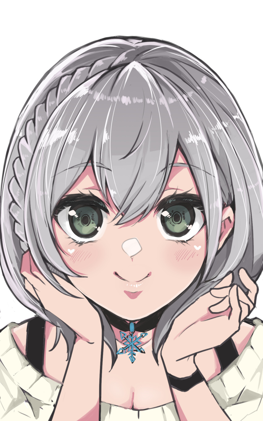 bra_strap bracelet braid breasts choker cleavage commentary_request female green_eyes grey_hair hair_between_eyes hand_on_own_cheek hand_on_own_face highres hololive jewelry medium_hair panyatteria portrait shirogane_noel shirogane_noel_(casual) smile snowflakes solo virtual_youtuber wavy_hair