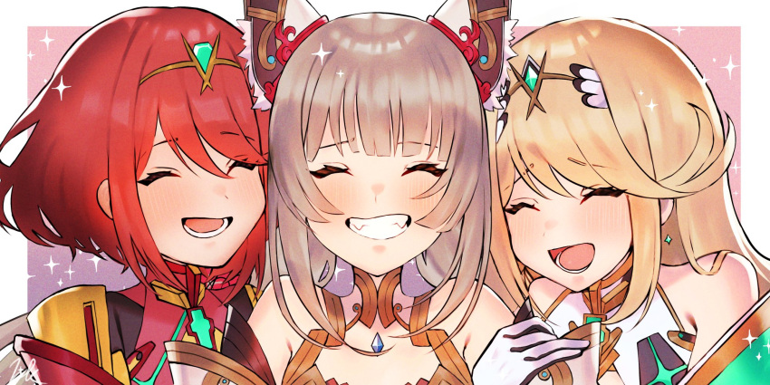 3girls animal_ears arm_hug blonde_hair cat_ears chest_jewel closed_eyes grey_hair happy highres kyosuke1413koba laughing long_hair multiple_girls mythra_(xenoblade) nia_(blade)_(xenoblade) nia_(xenoblade) pyra_(xenoblade) red_hair short_hair smile tiara upper_body xenoblade_chronicles_(series) xenoblade_chronicles_2