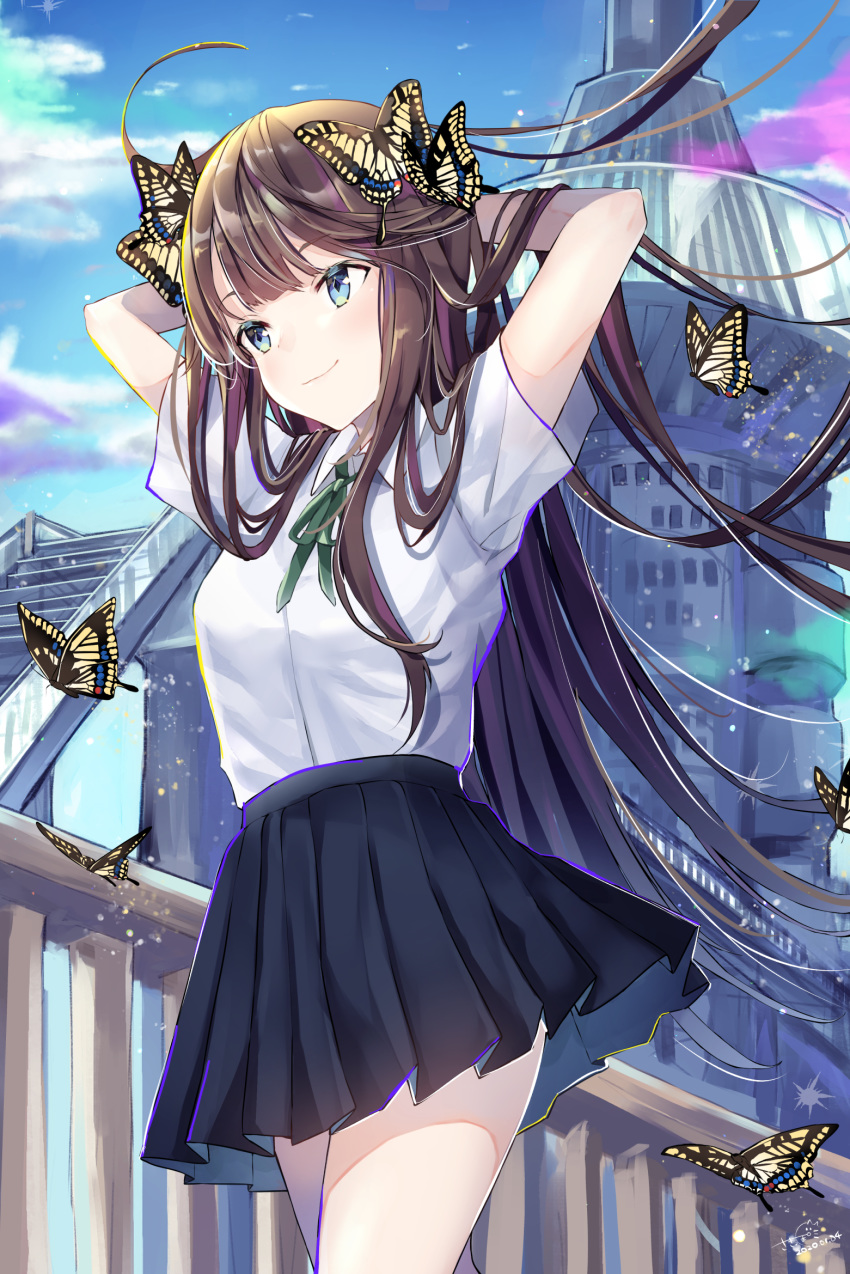 arms_behind_head arms_up black_skirt blue_eyes blue_sky blush brown_hair bug building butterfly butterfly_on_head castle closed_mouth collared_shirt commentary_request dated day diamond-shaped_pupils diamond_(shape) female green_neckwear green_ribbons highres long_hair miniskirt neck_ribbon original outdoors pleated_skirt railing ribbon sakippo_(sakippo0) shirt short_sleeves signature skirt sky smile solo stairs swallowtail_butterfly symbol-shaped_pupils very_long_hair white_shirt