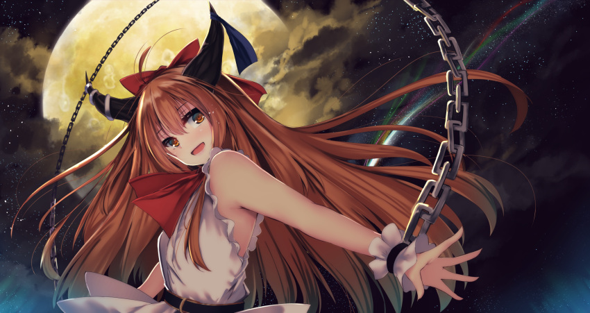 armpit_peek bare_arms belt bow chains cloud comet commentary_request female full_moon hair_between_eyes hairbow head_tilt highres horn_ornament horn_ribbon horns ibuki_suika long_hair looking_at_viewer mikagemaru_(mikage000) moon neck_ribbon night night_sky open_mouth orange_eyes orange_hair outdoors outstretched_hand partial_commentary red_ribbon ribbon shirt sky sleeveless sleeveless_shirt solo standing star_(sky) starry_sky touhou touhou_lostword upper_body very_long_hair white_shirt wrist_cuffs