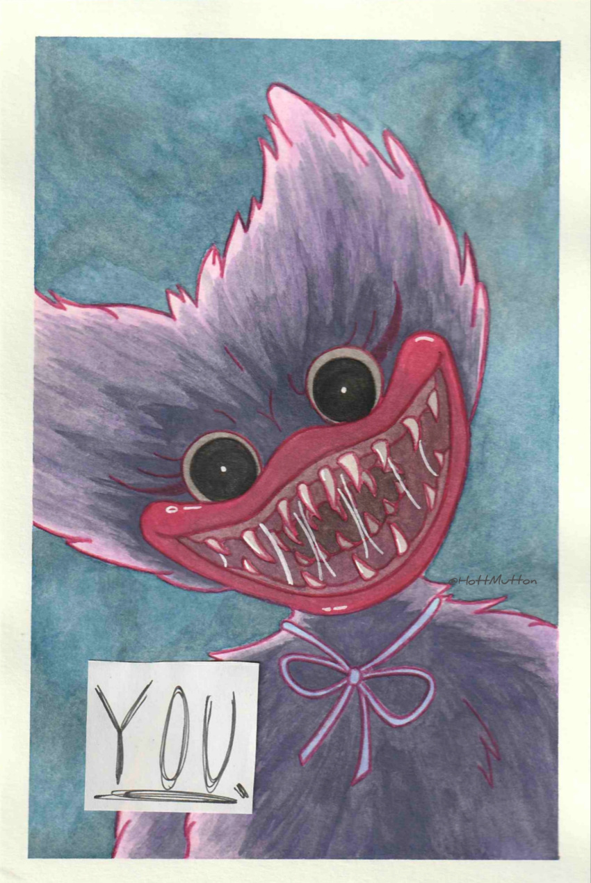 angry black_eyes black_sclera bodily_fluids drooling eyelashes female fur glare hi_res hottmutton humanoid kissy_missy lips looming mob_entertainment monster multi_teeth open_mouth painting_(artwork) pink_body pink_fur poppy_playtime red_lips ribbons saliva signature snarling solo teeth text traditional_media_(artwork) watercolor_(artwork)