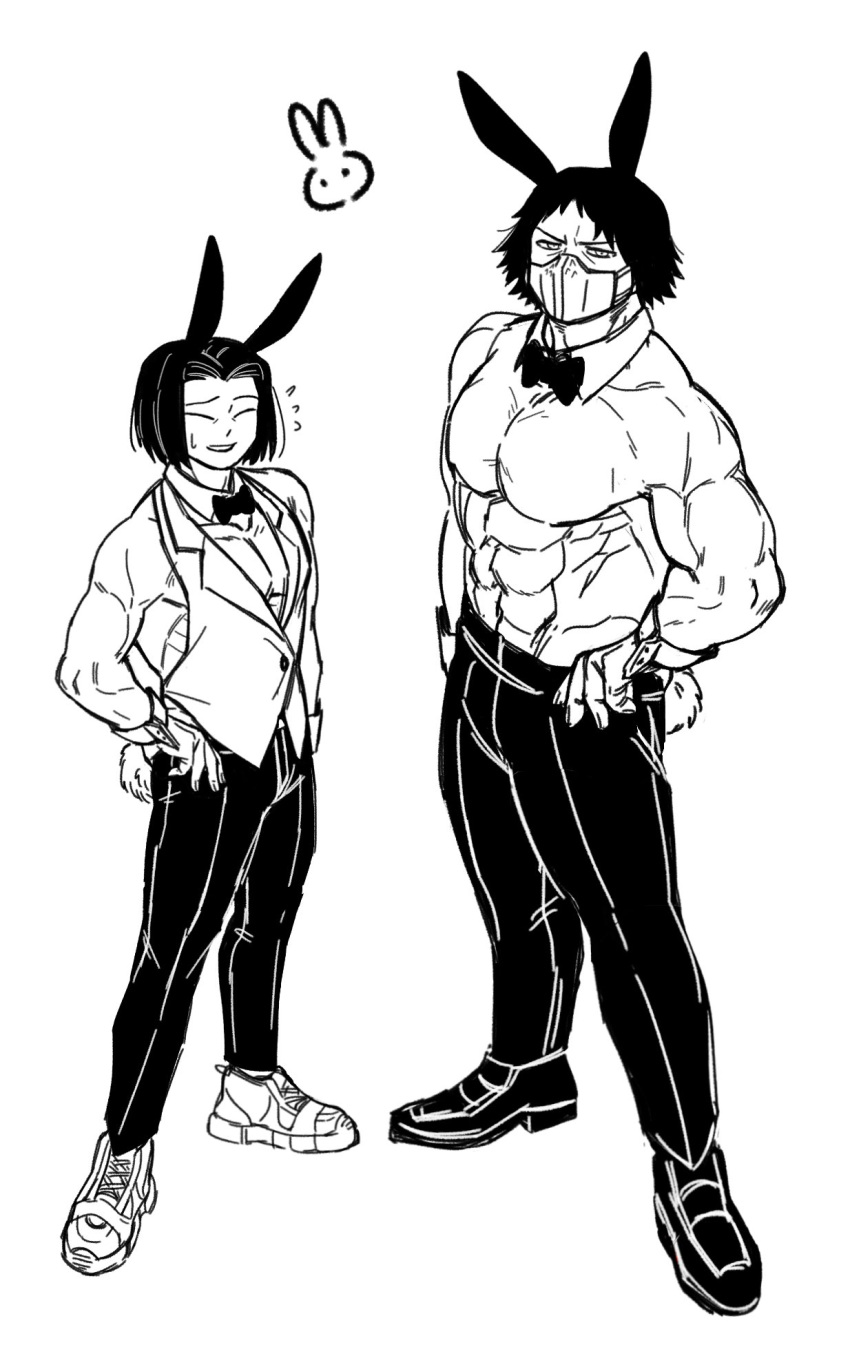 2boys abs bowtie bunny_boy bunny_ears bunny_tail bunnysuit closed_eyes detached_collar fake_animal_ears full_body fully_clothed hand_on_hip height_difference high-angle_view jeff_man kaneda_suekichi kengan_(series) kengan_ashura looking_at_viewer male male_only mask masked masked_male monochrome mouth_mask muscular muscular_male nervous nervous_smile pecs smile sneakers standing sweatdrop takayama_minoru topless topless_male vest