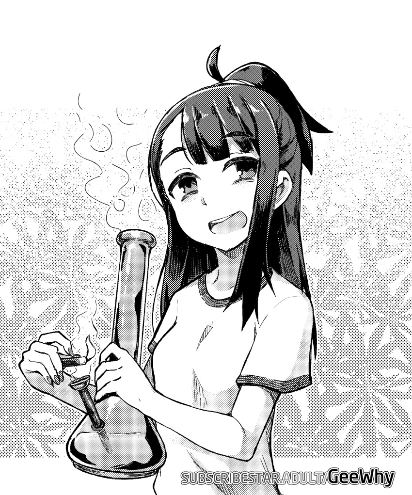 artist_name bags_under_eyes bong drugged drugs female geewhy greyscale grin half-closed_eyes highres holding holding_bong holding_lighter kagari_atsuko lighter little_witch_academia marijuana monochrome open_mouth ponytail shirt short_hair smile smoke solo standing stoned subscribestar_username t-shirt teeth upper_body upper_teeth_only web_address