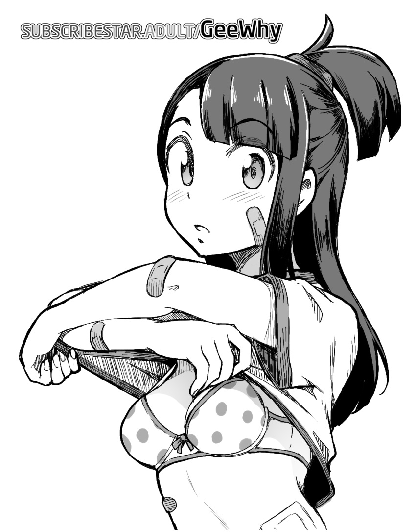 artist_name bandaid bra breasts clothes_lift female geewhy greyscale highres kagari_atsuko lifting_own_clothes light_blush little_witch_academia looking_at_viewer monochrome polka_dot polka_dot_bra ponytail shirt shirt_lift short_hair simple_background small_breasts solo subscribestar_username t-shirt underwear upper_body web_address white_background