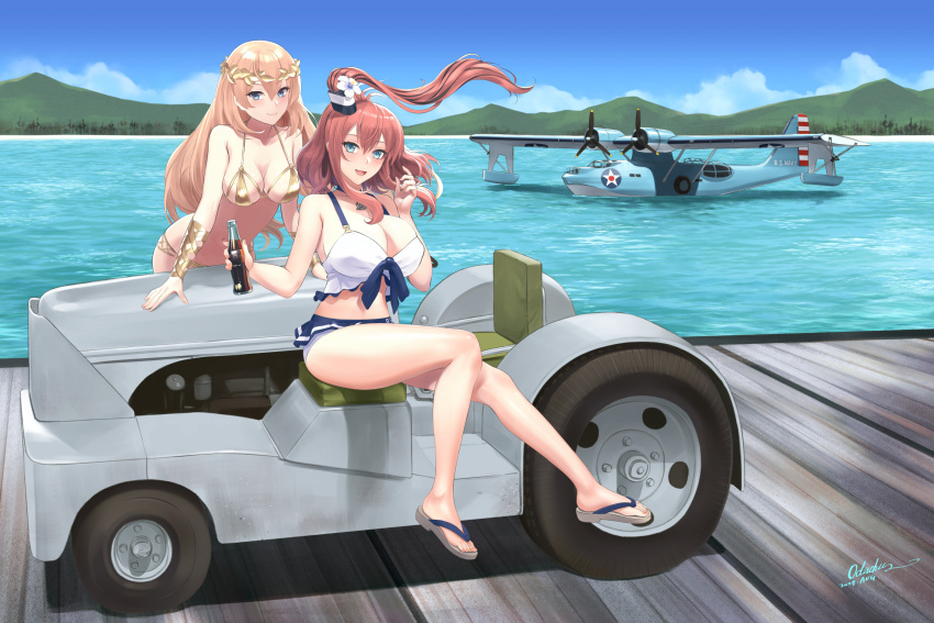 2girls aircraft airplane bikini bikini_skirt blonde_hair blue_eyes blue_sky bottle breasts brown_hair day flip-flops flying_boat gold_bikini hair_between_eyes high_side_ponytail highres holding holding_bottle huge_breasts kantai_collection large_breasts long_hair medium_breasts motor_vehicle multiple_girls ocean odachu on_vehicle outdoors pby_catalina ponytail sandals saratoga_(kancolle) side_ponytail sitting sky smile smokestack_hair_ornament swimsuit very_long_hair victorious_(kancolle) white_bikini