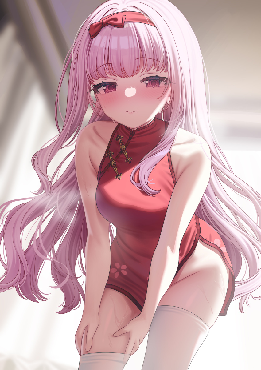 absurdres adjusting_clothes adjusting_legwear blurry blurry_background blush bow bow_hairband china_dress chinese_clothes closed_mouth collarbone commentary_request dress empty_x_embryo female fushimi_makina hairband hayama_(ewzn7285) highres leaning_forward long_hair looking_at_viewer pink_hair red_bow red_dress red_eyes red_hairband side_slit skindentation sleeveless sleeveless_dress solo sweat thighhighs thighs white_thighhighs yuzu-soft