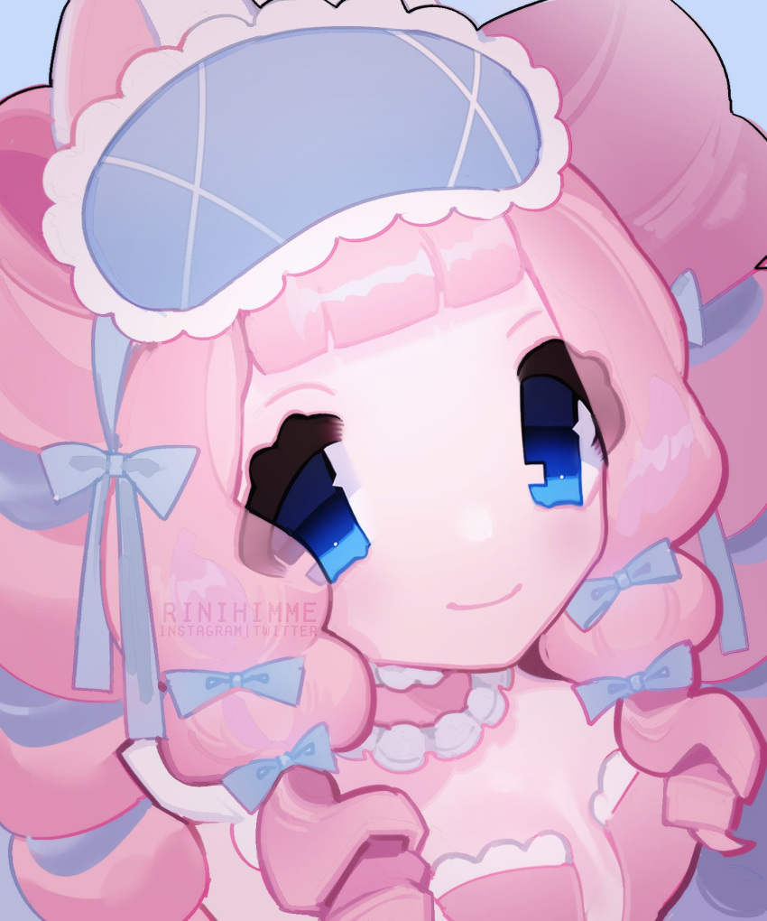 blue_eyes bow breasts cleavage close-up curly_hair drill_hair female hairbow highres looking_at_viewer mask original pink_hair rinihimme sleep_mask smile solo twin_drills twintails unworn_mask upper_body watermark