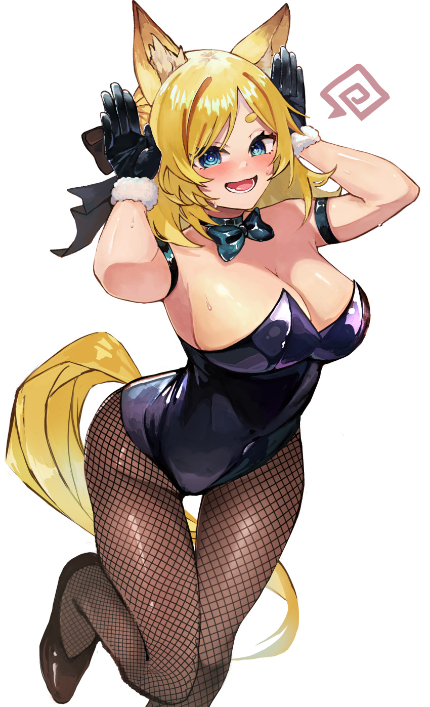 absurdres animal_ear_fluff animal_ears arknights bare_shoulders black_gloves blonde_hair blue_eyes blush bow bowtie breasts bunny_day cleavage detached_collar female fishnets gloves hands_up haru_torimaru highres horse_ears horse_girl horse_tail large_breasts leotard long_hair looking_at_viewer open_mouth pantyhose playboy_bunny simple_background smile solo strapless strapless_leotard sweat tail whislash_(arknights) white_background