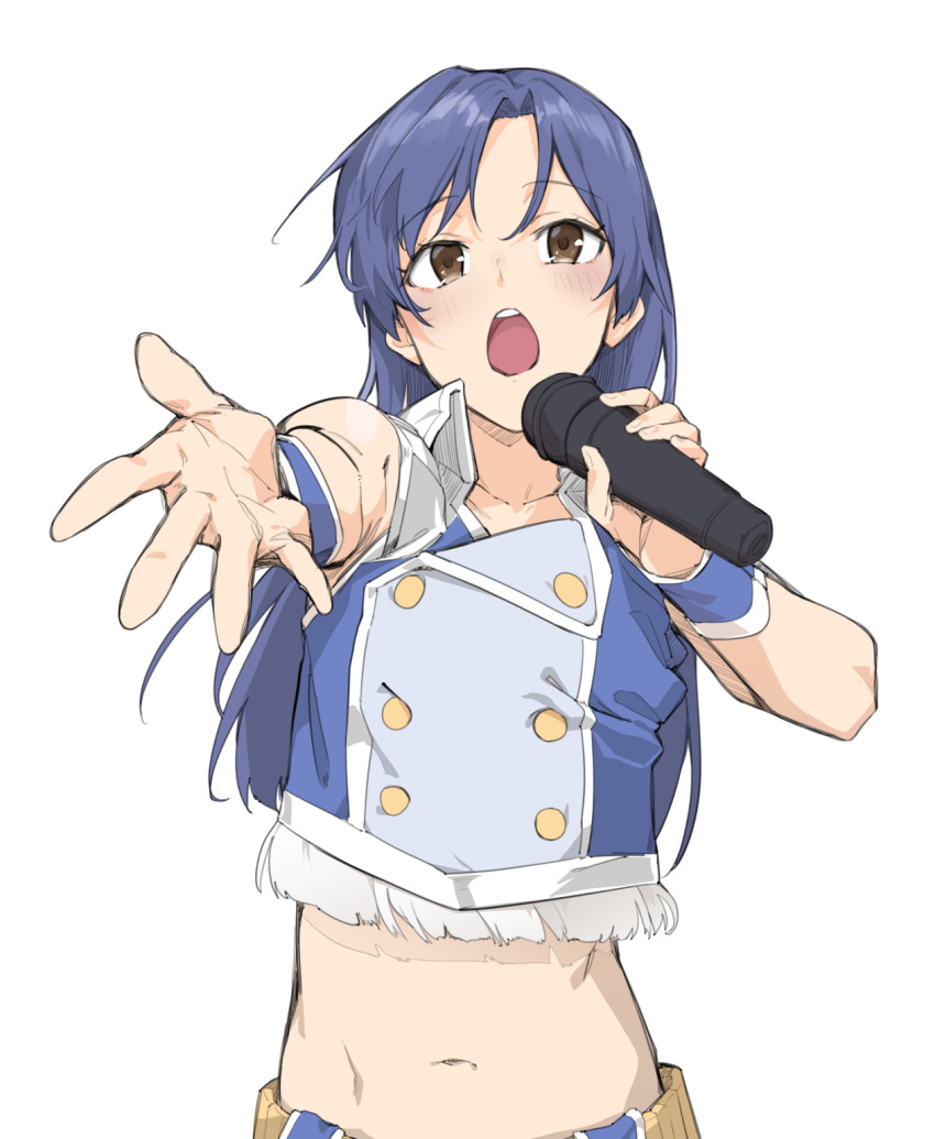 bare_shoulders blue_hair blue_shirt blue_wristband blush brown_eyes collarbone crop_top cropped_shirt female flat_chest highres holding holding_microphone idolmaster idolmaster_(classic) idolmaster_million_live! idolmaster_million_live!_theater_days kisaragi_chihaya long_hair looking_at_viewer microphone midriff navel open_hand open_mouth reaching reaching_towards_viewer shirt simple_background sleeveless sleeveless_shirt solo teeth uno_ryoku upper_body upper_teeth_only white_background