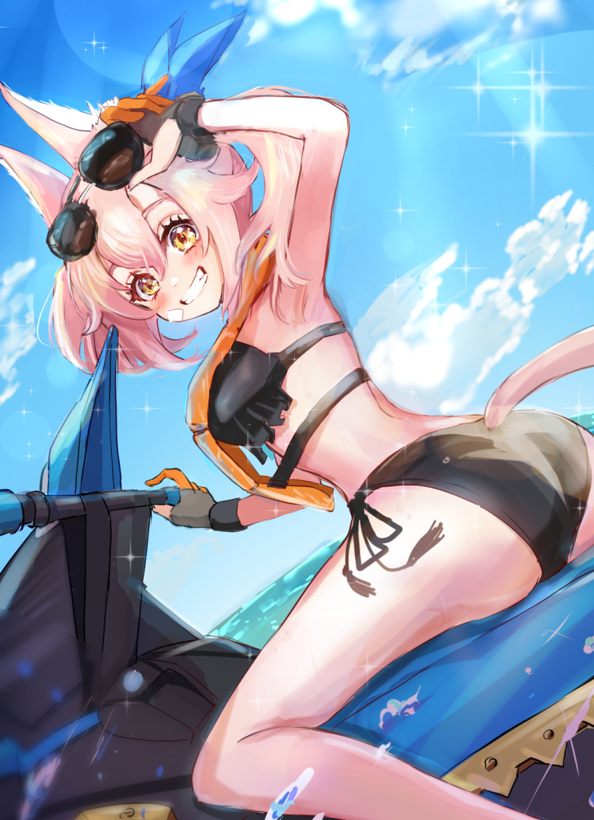 adjusting_eyewear alternate_costume animal_ears armpits ass bikini black_bikini breasts day duel_monster dutch_angle female frilled_bikini frills grin highres jet_ski kitt_(yu-gi-oh!) life_vest looking_at_viewer looking_back medium_breasts noppe ocean outdoors sky smile solo sunglasses swimsuit tail tri-brigade_kitt twintails yu-gi-oh!