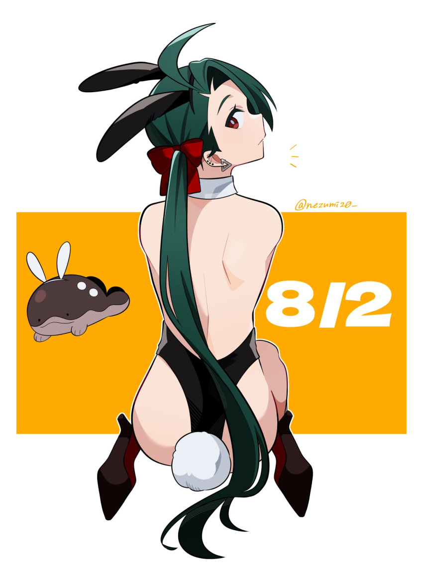 ._. ahoge animal_ears back backless_leotard black_leotard bright_pupils clodsire clothed_pokemon detached_collar ear_piercing earrings fake_animal_ears fake_tail female from_behind genjitsu_o_miro green_hair hair_ribbon high_heels highleg highleg_leotard highres jewelry kneeling leotard long_hair looking_at_viewer looking_back notice_lines piercing playboy_bunny pokemon pokemon_(creature) pokemon_sv ponytail rabbit_ears rabbit_tail red_eyes red_ribbon ribbon rika_(pokemon) smile tail triangle_earrings white_pupils