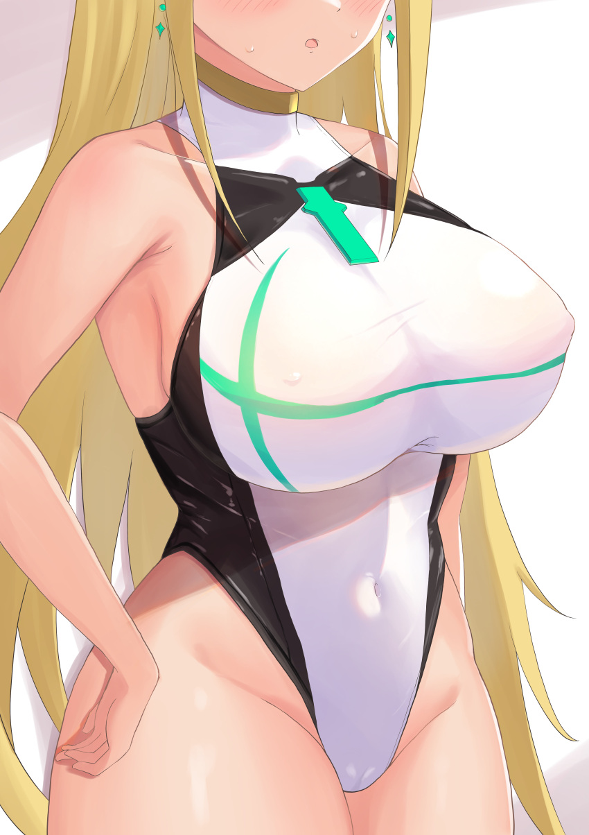 :o absurdres bare_arms black_one-piece_swimsuit blonde_hair blush breast_focus breasts cameltoe commentary_request competition_swimsuit covered_navel covered_nipples diamond_earrings earrings female hand_on_own_hip head_out_of_frame highres jewelry large_breasts long_hair mythra_(xenoblade) one-piece_swimsuit open_mouth shiratamaaji sidelocks simple_background standing sweat swimsuit taut_clothes taut_swimsuit thick_thighs thighs very_long_hair white_one-piece_swimsuit xenoblade_chronicles_(series) xenoblade_chronicles_2