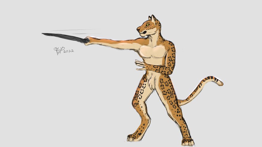 16:9 domestic_cat felid feline felis hi_res kata khajiit leopard male mammal melee_weapon microsoft pantherine short_sword solo spots sword the_elder_scrolls weapon widescreen wolfywetfurr_(artist)