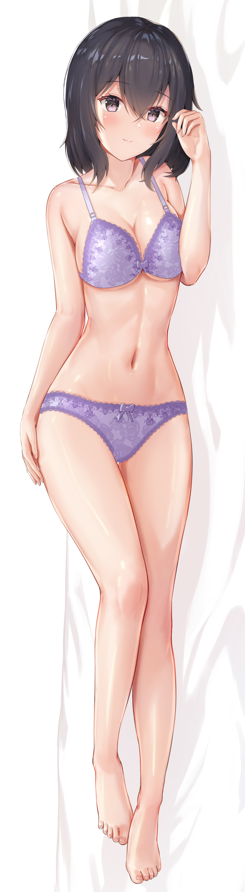 absurdres bangs barefoot bed_sheet black_hair blush bra breasts brown_eyes cleavage closed_mouth completely_nude dakimakura_(medium) female full_body hair_between_eyes highres lingerie long_hair looking_at_viewer lying medium_breasts misumi_tomoe navel nipples nude on_side panties photokano purple_bra purple_panties pussy sauvignon shiny shiny_hair shiny_skin sideboob solo straight_hair thigh_gap underboob underwear underwear_only