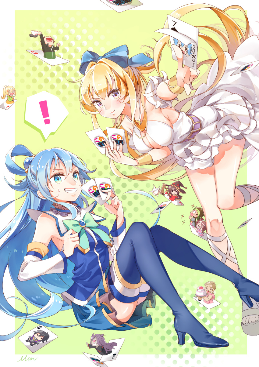 ! >:) 2girls absurdres adenela_(kono_yuusha_ga_ore_tueee_kuse_ni_shinchou_sugiru) ankle_lace-up aqua_(konosuba) aqua_bow bare_shoulders belt blonde_hair blue_bow blue_eyes blue_footwear blue_hair blue_shirt blue_skirt blue_thighhighs boots bow bracer breasts card center_opening cerseus_(kono_yuusha_ga_ore_tueee_kuse_ni_shinchou_sugiru) closed_mouth commentary_request cross-laced_footwear cross-laced_sandals darkness_(konosuba) detached_sleeves dress eruru_(kono_yuusha_ga_ore_tueee_kuse_ni_shinchou_sugiru) gem grin hair_bobbles hair_intakes hair_ornament hair_rings hairbow halter_dress halterneck high_heel_boots high_heels highres holding holding_card joker_(playing_card) kono_subarashii_sekai_ni_shukufuku_wo! kono_yuusha_ga_ore_tueee_kuse_ni_shinchou_sugiru large_breasts layered_dress long_hair long_sleeves looking_at_viewer mash_(kono_yuusha_ga_ore_tueee_kuse_ni_shinchou_sugiru) megumin miniskirt monmon511401 multiple_girls petticoat platform_footwear playing_card purple_belt purple_eyes ristarte_(kono_yuusha_ga_ore_tueee_kuse_ni_shinchou_sugiru) ryuuguuin_seiya sandals satou_kazuma shirt skirt sleeveless sleeveless_shirt smile spoken_exclamation_mark sweatdrop thigh_boots thighhighs thighhighs_under_boots trait_connection v-shaped_eyebrows very_long_hair white_dress white_sleeves zettai_ryouiki