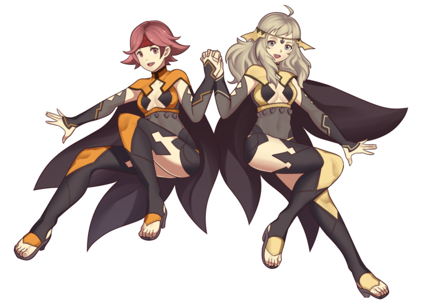 2girls absurdres alternate_costume asymmetrical_bangs blonde_hair bodystocking breasts bridal_gauntlets cape cleavage commission commissioner_upload cosplay covered_navel dark_mage_(fire_emblem_fates) eighteenetzel fire_emblem fire_emblem:_the_binding_blade fire_emblem_fates full_body gwendolyn_(fire_emblem) headband high_heels highres holding_hands multiple_girls open_mouth ophelia_(fire_emblem) ophelia_(fire_emblem)_(cosplay) pink_hair thighhighs toeless_footwear toeless_legwear turtleneck