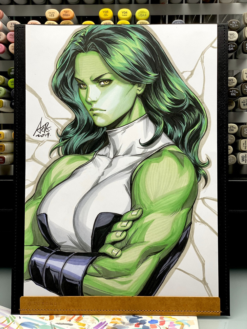 2019 angry art_tools_in_frame bare_shoulders breasts closed_mouth colored_skin commentary crossed_arms english_commentary female green_hair green_skin highres jennifer_walters large_breasts leotard long_hair looking_at_viewer marker_(medium) marvel muscular muscular_female photo_(medium) she-hulk signature simple_background sleeveless solo stanley_lau taut_clothes taut_leotard traditional_media v-shaped_eyebrows white_background