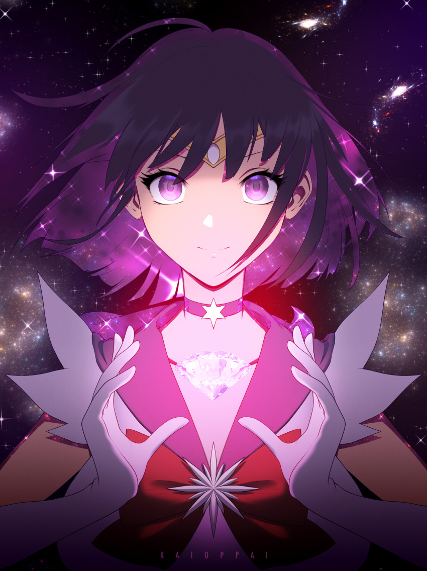 artist_name bishoujo_senshi_sailor_moon bow bowtie brooch choker circlet closed_mouth collarbone commentary elbow_gloves english_commentary female floating_hair gloves hair_between_eyes highres jewelry kaioppai looking_at_viewer magical_girl medium_hair purple_choker purple_eyes purple_hair purple_sailor_collar red_bow red_bowtie sailor_collar sailor_saturn sailor_senshi_uniform smile solo space star_(sky) star_(symbol) star_brooch star_choker tomoe_hotaru upper_body white_gloves