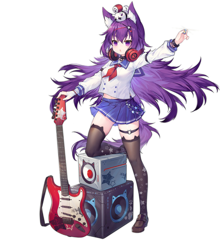 :o animal_ear_fluff animal_ears ao_jun azur_lane black_legwear dress female guitar hair_ornament headphones headphones_around_neck highres instrument long_hair looking_at_viewer necktie official_alternate_costume official_art purple_eyes purple_hair red_necktie sailor_dress school_uniform skirt speaker tail thigh_strap thighhighs transparent_background urakaze_(azur_lane) urakaze_(sengoku_shredder!)_(azur_lane)