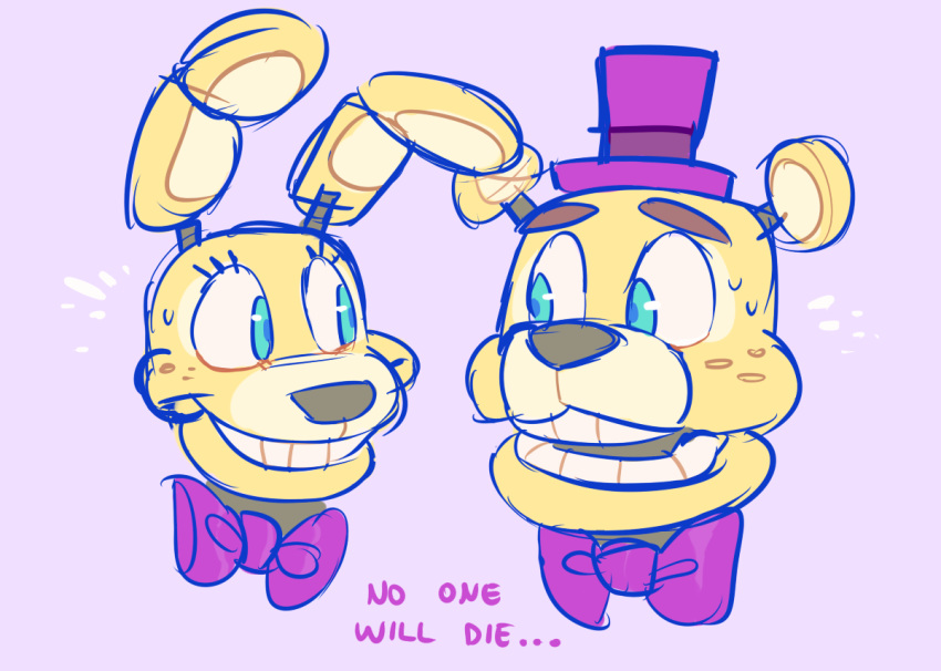 ambiguous_gender animatronic anthro bear black_nose bodily_fluids bow_tie clothing dipstick_ears duo ear_markings english_text eyebrows eyelashes five_nights_at_freddy's freckles fredbear_(fnaf) hat headgear headshot_portrait headwear lagomorph leporid machine male mammal multicolored_ears pink_background portrait rabbit robot scottgames simple_background smile spring_bonnie_(fnaf) sweat text waackery yellow_body