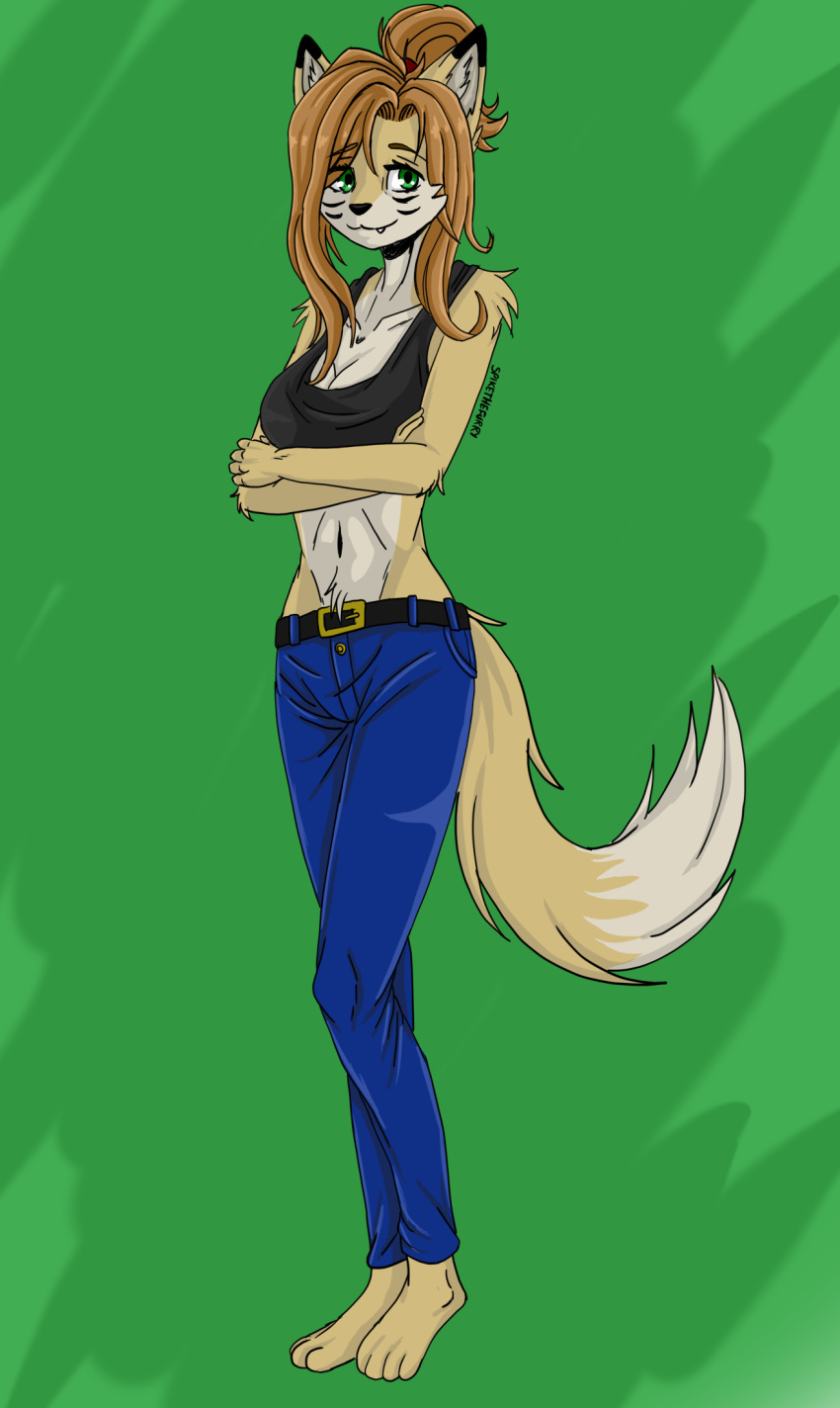 :3 anthro barefoot bite biting_lip black_clothing black_topwear blue_bottomwear blue_clothing bottomwear breasts canid canine cleavage clothed clothing countershading crop_top crossed_arms cute_fangs denim denim_bottomwear denim_clothing digital_media_(artwork) dipstick_tail elisabeth_(eipril) facial_markings feet female fox front_view full-length_portrait green_background green_eyes hair head_markings hi_res jeans looking_away mammal markings pants ponytail portrait shirt shy simple_background solo spike_the_furry standing tail tail_markings tan_body topwear