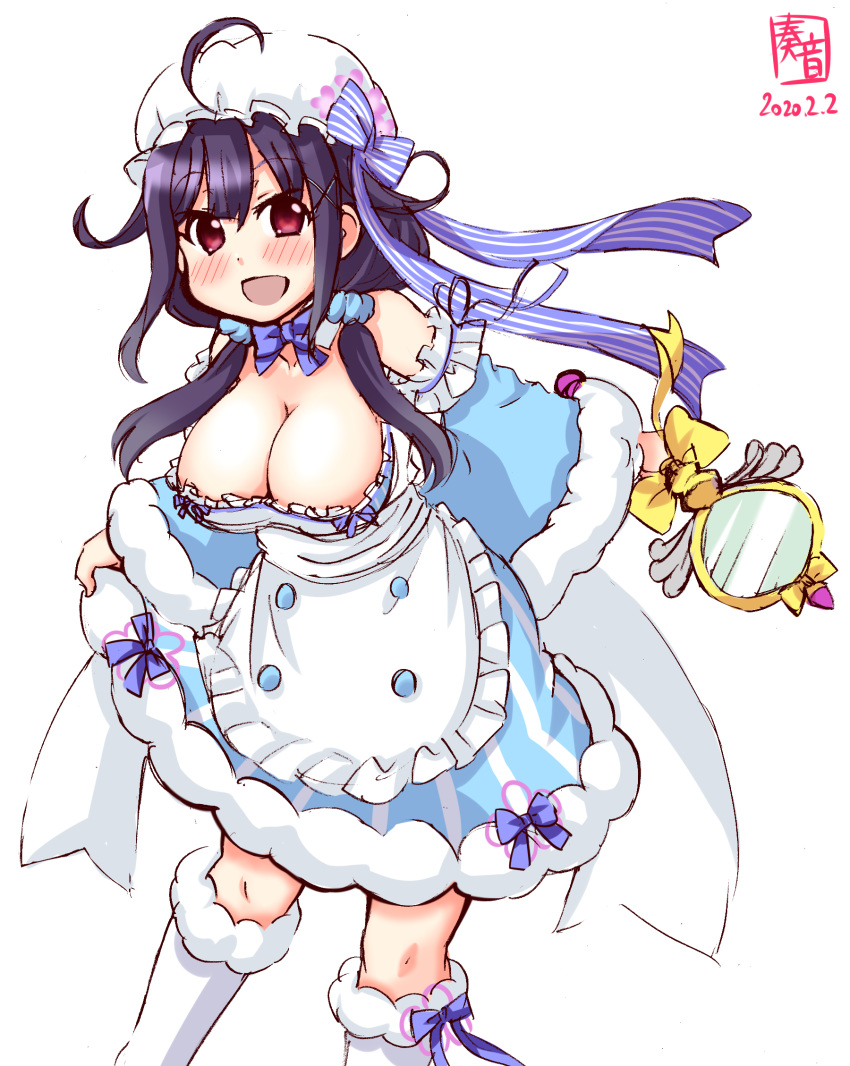 :d ahoge artist_logo blue_dress breasts cleavage commentary_request cosplay dated dress feet_out_of_frame female flower_knight_girl hair_flaps highres kanon_(kurogane_knights) kantai_collection kneehighs large_breasts long_hair looking_at_viewer low_twintails magical_girl open_mouth purple_hair red_eyes shabonsou_(flower_knight_girl) shabonsou_(flower_knight_girl)_(cosplay) simple_background smile socks solo taigei_(kancolle) twintails wand white_background white_socks