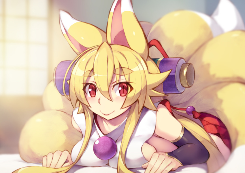 animal_ears blonde_hair breasts closed_mouth female fox_ears fox_girl fox_tail hair_between_eyes izuna_(shinrabanshou) large_breasts looking_at_viewer lying multiple_tails on_stomach red_eyes saru_000 shinrabanshou sideboob smile solo tail thick_eyebrows