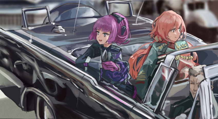 1boy 2girls absurdres bell_sleeves blunt_bangs blurry blurry_background car carcano_m1891_(girls'_frontline) carcano_m91/38_(girls'_frontline) commission convertible cosplay girls'_frontline gloves green_eyes highres historical_event irony john_f._kennedy john_f._kennedy_(cosplay) kcco_(girls'_frontline) long_hair looking_to_the_side military military_uniform motor_vehicle multiple_girls parody photo-referenced pink_hair ponytail purple_gloves purple_hair sawkm second-party_source short_hair sitting smile tied_hair uniform white_hair yegor_(girls'_frontline)