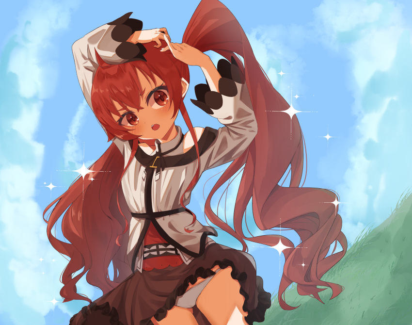 absurdres arm_up bare_shoulders blush breasts clothes_lift cowboy_shot day eris_greyrat female highres long_hair long_sleeves mushoku_tensei open_mouth outdoors panties pantyshot red_eyes red_hair rezebeee shirt skirt skirt_lift small_breasts thick_eyebrows twintails tying_hair underwear white_panties wind wind_lift