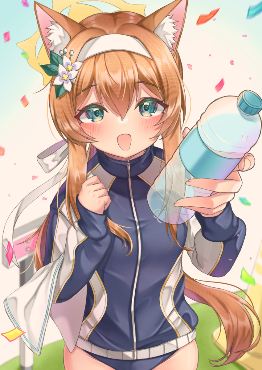 animal_ear_fluff animal_ears blue_archive blue_buruma blue_eyes blue_jacket blush bottle buruma cat_ears commentary_request female flower gym_uniform hair_flower hair_ornament hairband halo highres holding holding_bottle holding_towel jacket long_hair long_sleeves looking_at_viewer low_ponytail mari_(blue_archive) mari_(track)_(blue_archive) multicolored_clothes multicolored_jacket narurock8925 official_alternate_costume open_mouth orange_hair solo towel track_jacket two-tone_jacket very_long_hair water_bottle white_flower white_hairband yellow_halo