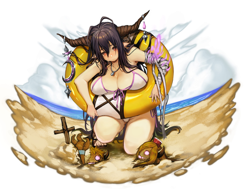 antenna_hair babyg_wong bandaged_arm bandages bikini black_hair breasts cleavage closed_mouth danua danua_(summer)_(granblue_fantasy) doll draph female front-tie_bikini_top front-tie_top full_body granblue_fantasy gretel_(granblue_fantasy) hansel_(granblue_fantasy) horn_ornament horns huge_breasts jewelry kneehighs long_hair necklace ocean official_alternate_costume pointy_ears red_eyes sand sandals side-tie_bikini_bottom socks swim_ring swimsuit very_long_hair wet white_bikini