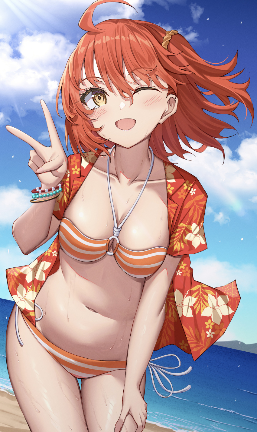 absurdres ahoge bead_bracelet beads bikini blue_sky blush bracelet breasts cleavage collarbone fate/grand_order fate_(series) female floral_print fujimaru_ritsuka_(female) fujimaru_ritsuka_(female)_(brilliant_summer) fujimaru_ritsuka_(female)_(tropical_summer) hair_ornament hair_scrunchie hawaiian_shirt highres jewelry looking_at_viewer medium_breasts navel one_eye_closed one_side_up open_clothes open_mouth orange_bikini orange_eyes orange_hair orange_scrunchie red_shirt scrunchie shirt short_hair sky smile solo striped_bikini striped_clothes swimsuit thighs toukan