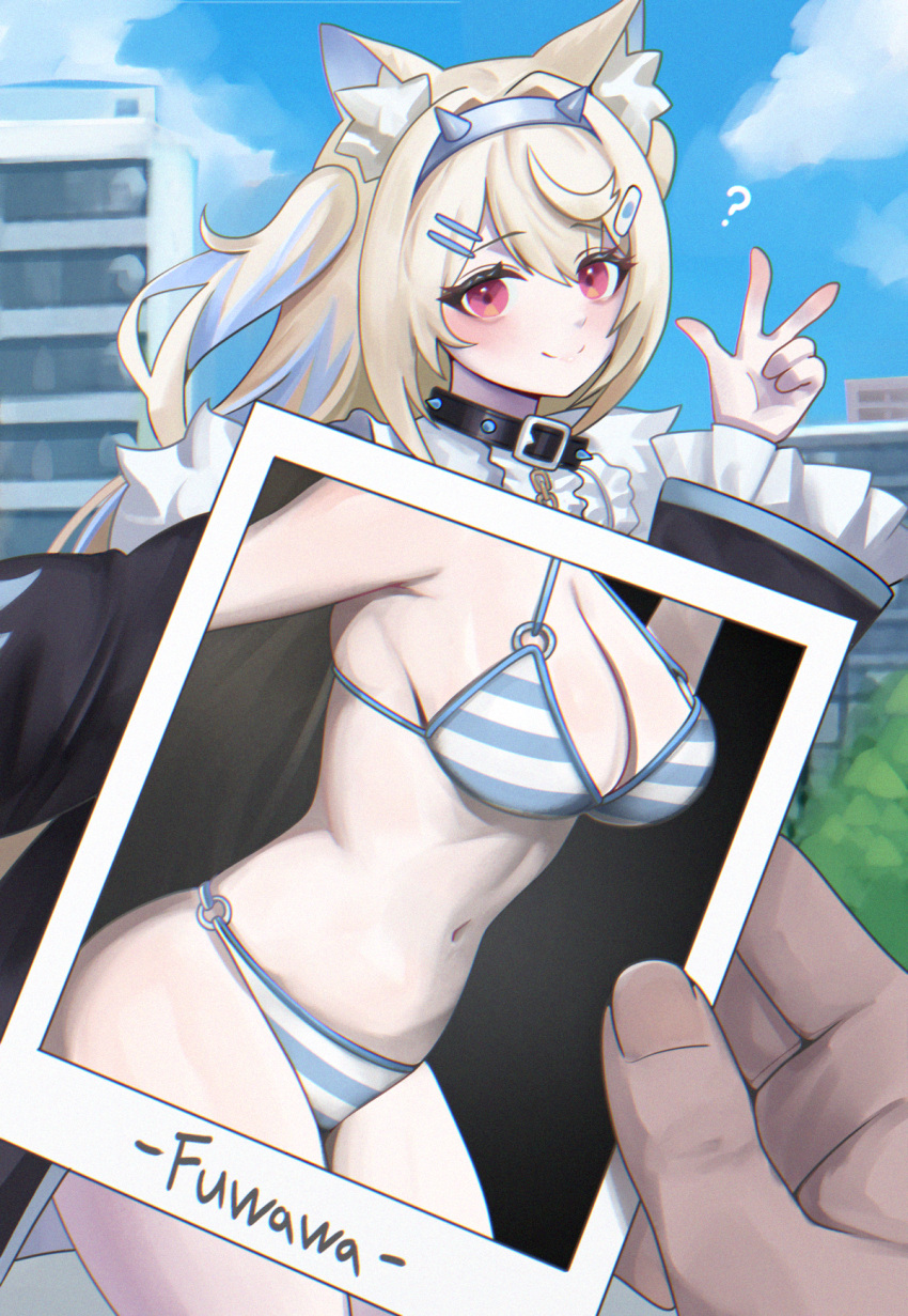 1other ? animal_ear_fluff animal_ears bikini black_collar black_jacket blonde_hair blue_bikini blue_hair blue_hairband blue_sky breasts building character_name cleavage closed_mouth cloud cloudy_sky collar dalcom day dog_ears dog_girl english_commentary female fuwawa_abyssgard fuwawa_abyssgard_(1st_costume) hair_intakes hair_ornament hairband highres hololive hololive_english horn_hairband jacket large_breasts long_sleeves looking_at_viewer multicolored_hair o-ring o-ring_bikini photo_(object) polaroid_photo pov pov_hands red_eyes sky smile streaked_hair striped_clothes swimsuit w