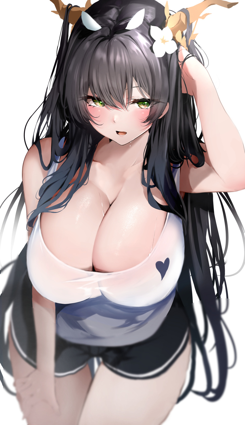 absurdly_long_hair absurdres antlers azur_lane black_hair black_shorts breasts commentary_request female flower green_eyes hair_flower hair_on_horn hair_ornament hand_in_own_hair heart heart_print highres horns huge_breasts indomitable_(azur_lane) long_hair looking_at_viewer open_mouth print_shirt raru_(nanaharararu) shirt shorts simple_background solo standing sweat very_long_hair white_background white_flower white_shirt