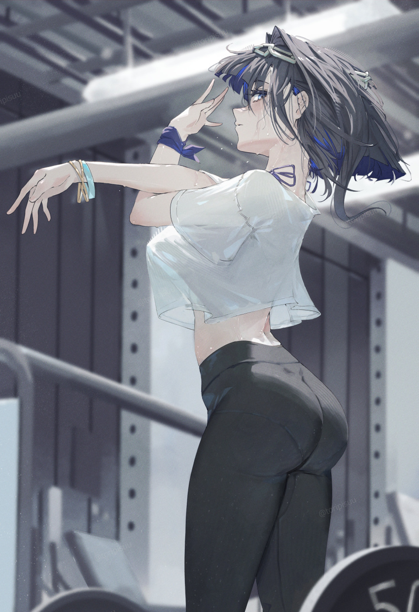 absurdres aqua_wristband ass black_hair black_pants blue_hair blunt_ends blurry blurry_background blush bracelet breasts colored_inner_hair commentary crop_top crop_top_overhang cross-body_stretch curvy exercising female from_side gold_bracelet highres hololive hololive_english indoors jewelry large_breasts multicolored_hair ouro_kronii pants profile shirt short_hair sideways_glance solo stretching sweat toripisu twitter_username two-tone_hair virtual_youtuber warming white_shirt wide_hips yoga_pants