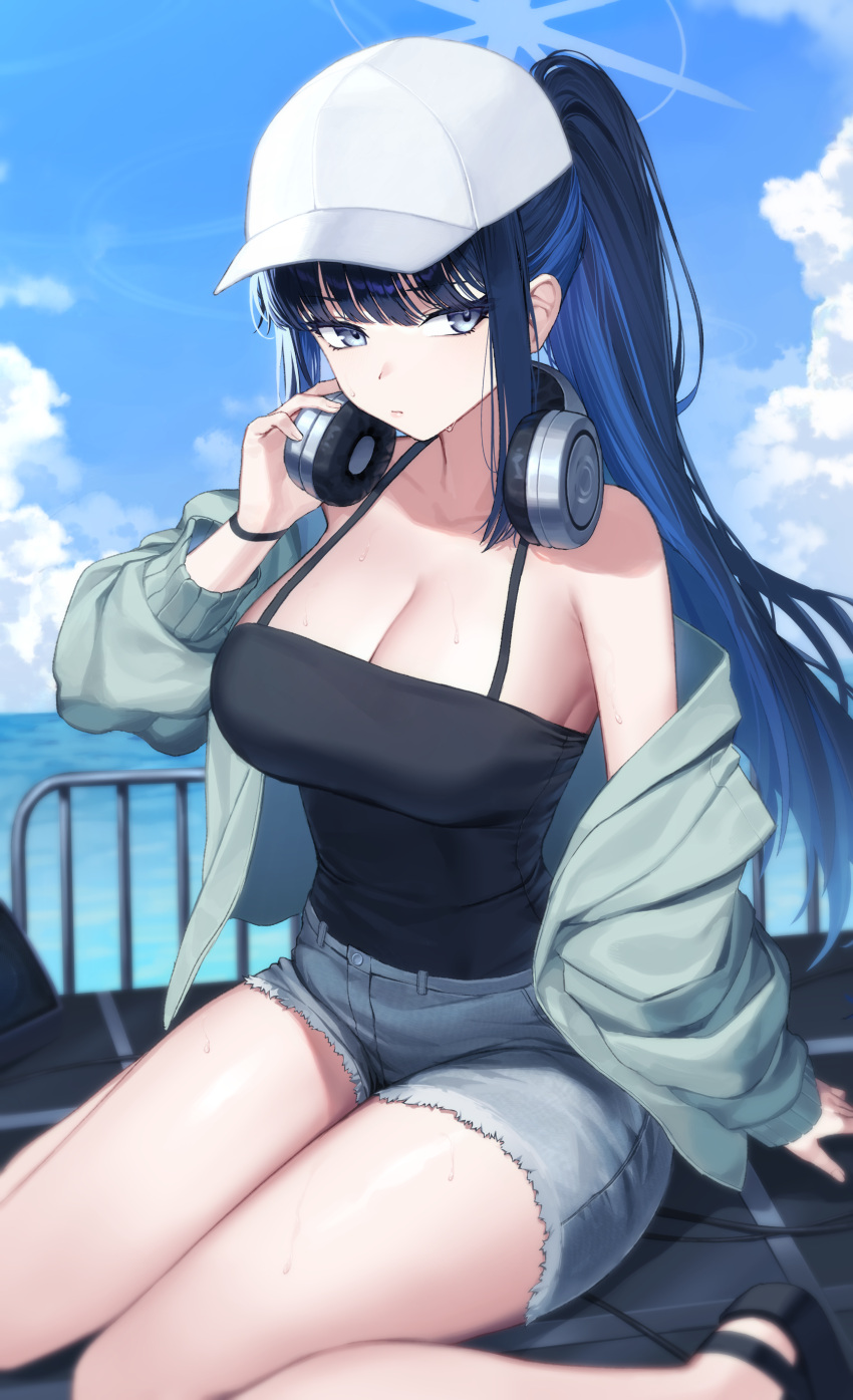 absurdres bare_shoulders baseball_cap black_camisole black_hair blue_archive blue_eyes blue_hair blue_sky blush breasts camisole cleavage closed_mouth cloud collarbone day denim denim_shorts female hair_between_eyes halo hat headphones headphones_around_neck highres holding jacket kam-ja large_breasts long_hair long_sleeves looking_at_viewer off_shoulder open_clothes open_jacket outdoors parted_lips ponytail saori_(blue_archive) saori_(swimsuit)_(blue_archive) short_shorts shorts sidelocks sitting sky solo thighs very_long_hair white_hat