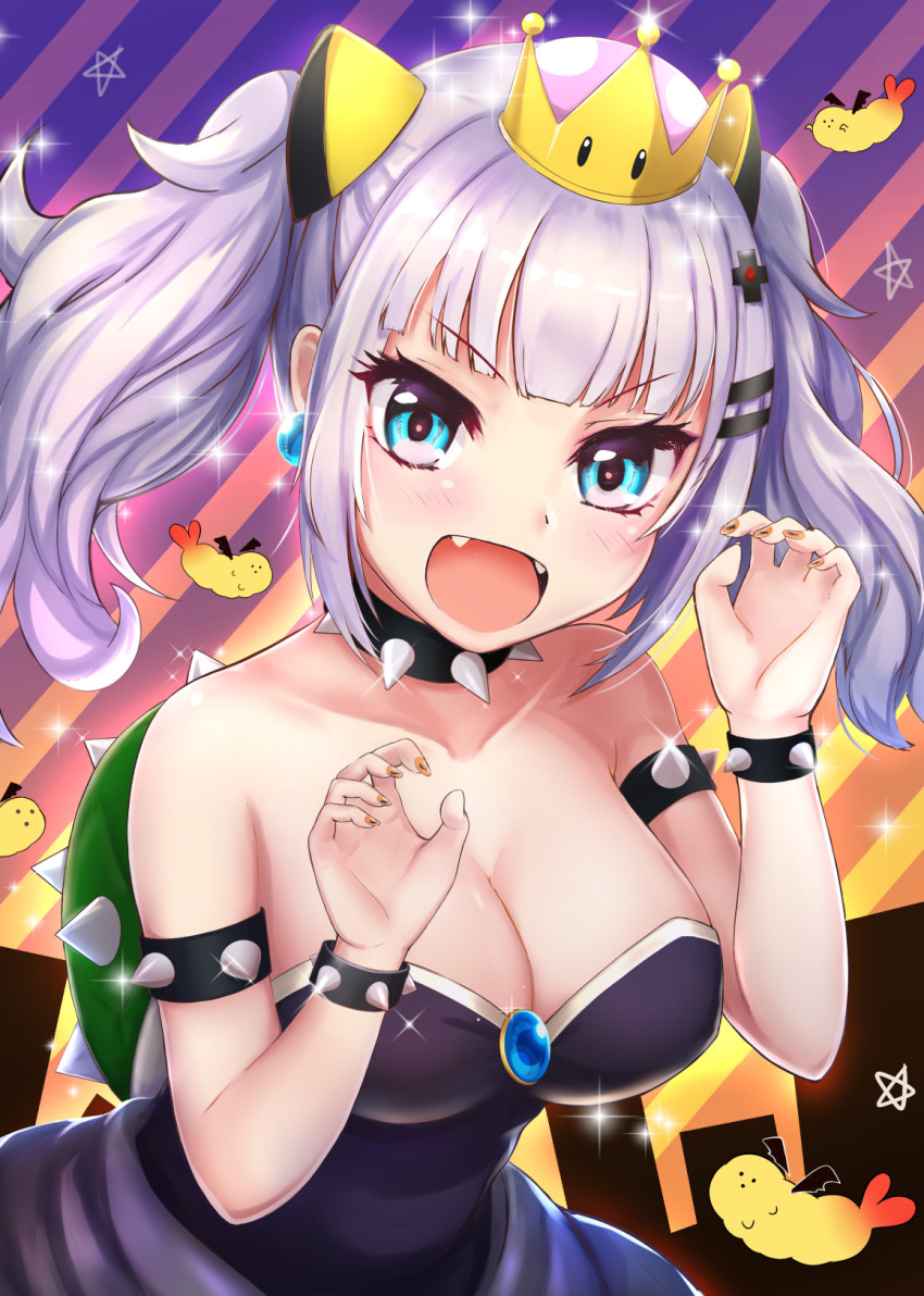 :d armlet bare_shoulders blue_eyes blunt_bangs blush bowsette bowsette_(cosplay) bracelet breasts claw_pose cleavage collar collarbone commentary_request cosplay crown diagonal_stripes fangs female food grey_hair hair_ornament highres jewelry kabosu_(anna_neji) kaguya_luna large_breasts looking_at_viewer mario_(series) nail_art nail_polish new_super_mario_bros._u_deluxe open_mouth orange_nails revision short_hair shrimp shrimp_tempura smile solo spiked_armlet spiked_bracelet spiked_collar spikes striped striped_background super_crown tempura the_moon_studio twintails virtual_youtuber x_hair_ornament