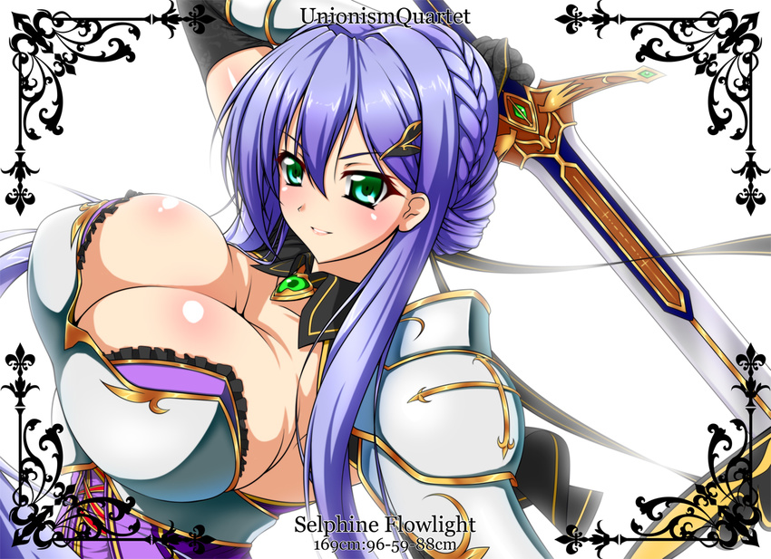 armor blue_hair breasts bursting_breasts green_eyes huge_breasts selphine_flowlight stats sword unionism_quartet