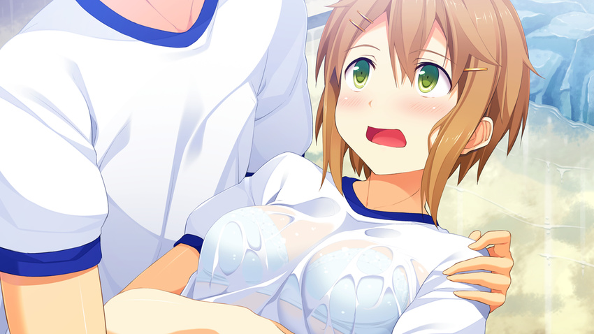 blush breasts brown_hair female game_cg green_eyes gym_uniform highres kinta looking_up lying mayachi_(amuriya) open_mouth short_hair small_breasts solo_focus valkyrie_runabout! water wet_clothes