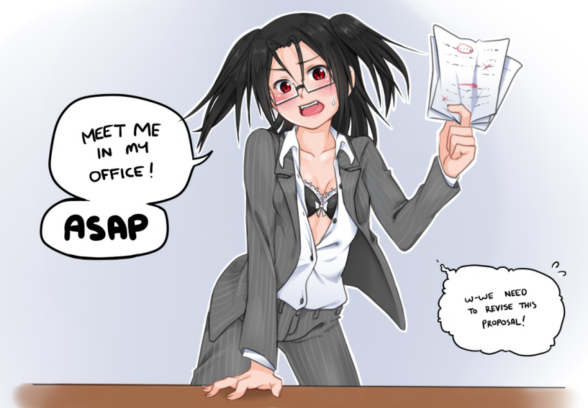 black_bra black_hair blush bow bow_bra bra breasts business_suit commentary english_text fangs female formal glasses long_hair open_clothes open_mouth red_eyes rosario+vampire shuzen_akua slit_pupils small_breasts solo speech_bubble suit techsupportdog underwear vampire