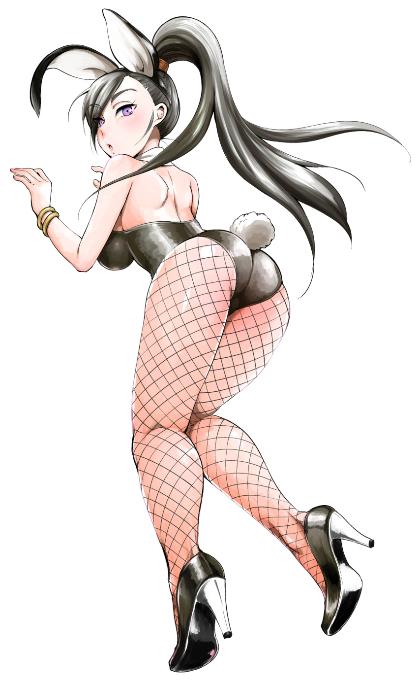 animal_ears ass bare_shoulders black_hair bracelet breasts commentary_request dragon_quest dragon_quest_xi equal_(melomelopunch) fake_animal_ears female fishnets hair_over_one_eye high_heels highres jewelry long_hair looking_at_viewer looking_back martina_(dq11) pantyhose parted_lips playboy_bunny ponytail purple_eyes rabbit_ears rabbit_tail sideboob simple_background solo tail very_long_hair white_background