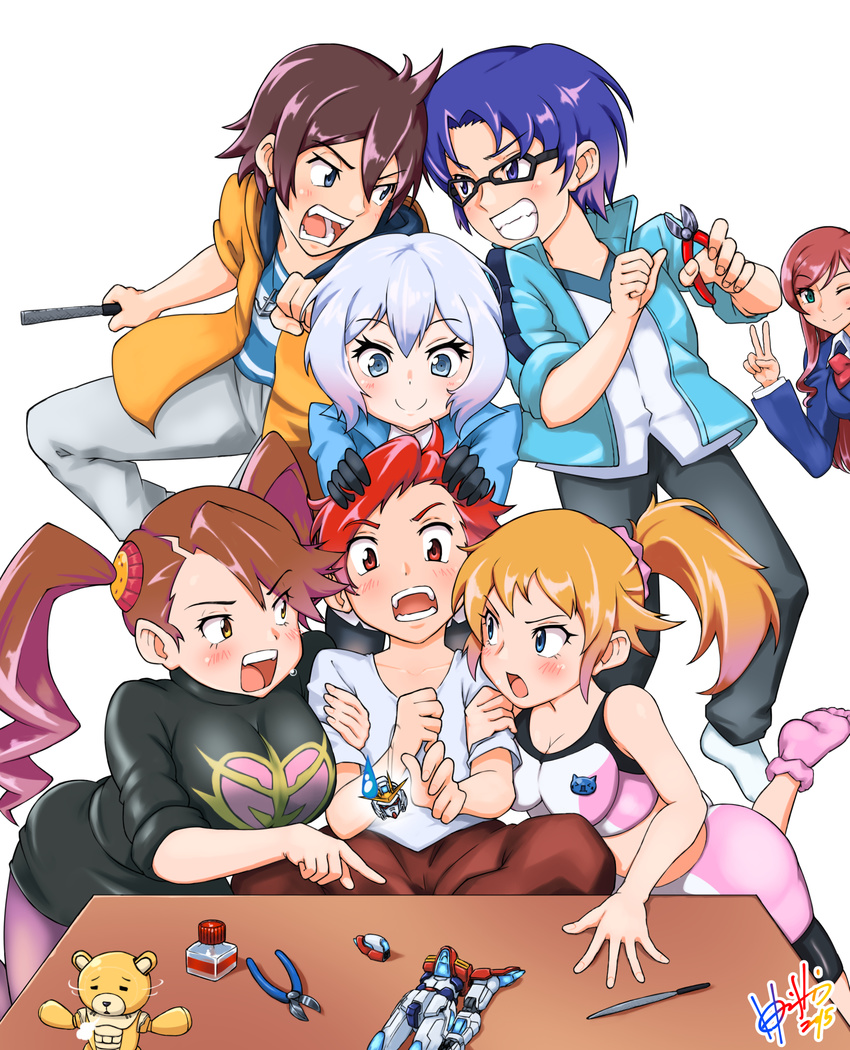 3boys 4girls beargguy_iii blonde_hair blue_hair brown_hair build_burning_gundam commentary_request file_(tool) grin gundam gundam_build_fighters gundam_build_fighters_try highres hori_shin hoshino_fumina kamiki_mirai kamiki_sekai kijima_shia kousaka_yuuma multiple_boys multiple_girls one_eye_closed pantyhose ponytail red_hair sakai_minato sazaki_kaoruko smile sweatdrop twintails wire_cutters