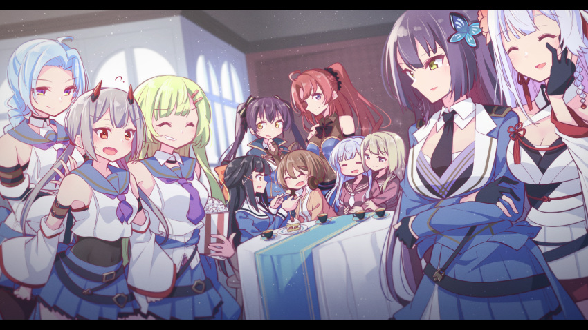 6+girls =_= ^_^ ahoge arm_belt arms_at_sides arms_under_breasts assault_lily bare_shoulders belt belt_buckle black_belt black_bow black_bowtie black_gloves black_scrunchie blonde_hair blue_cloak blue_hair blue_jacket blue_sailor_collar blue_shirt blue_skirt blunt_bangs blurry blurry_background blurry_foreground blush bow bowtie braid braided_ponytail breasts brown_cardigan brown_gloves brown_pantyhose brown_sailor_collar brown_shirt buckle butterfly_hair_ornament cake cake_slice cardigan chair cleavage cloak closed_eyes closed_mouth collared_shirt covered_navel criss-cross_halter cropped_jacket crossed_arms cup depth_of_field detached_collar detached_sleeves dutch_angle epaulettes facing_another feeding fingerless_gloves flower flower_knot flying_sweatdrops food fork fujita_asagao funada_kiito funada_ui gloves green_hair grey_hair grin hair_between_eyes hair_flower hair_ornament hair_ribbon hair_scrunchie hairbow hairclip half_gloves half_updo halterneck hand_on_another's_back hand_on_own_chin hands_up headphones headphones_around_neck heads_together high_ponytail highres hishida_haru holding holding_food holding_fork horns hug hug_from_behind igusa_subaru indoors jacket japanese_clothes juliet_sleeves kanba_girls_high_school_uniform kawabata_hotaru kawamura_yuzuriha kimono kimono_skirt kon_kanaho letterboxed light_particles long_hair long_sleeves looking_at_another looking_at_viewer low_ponytail low_twintails mechanical_horns medium_breasts miniskirt miyagawa_takane morugen multiple_belts multiple_girls neckerchief necktie obi obijime oerba_yun_fang on_chair open_mouth orange_bow orange_eyes pantyhose parted_bangs parted_lips partially_fingerless_gloves pink_flower pink_shirt plate pleated_skirt ponytail popcorn puffy_sleeves purple_eyes purple_hair purple_neckerchief purple_necktie pushing red_hair red_horns red_ribbon ribbon sailor_collar sash saucer school_uniform scrunchie serafuku shirt short_kimono siblings side-by-side sidelocks sideways_glance single_braid sisters sitting skirt sleeveless sleeveless_shirt smile smirk sparkle strawberry_shortcake striped striped_bow sweatdrop table tassel tassel_hair_ornament tea teacup tsukioka_momiji twintails undershirt v-shaped_eyebrows very_long_hair white_kimono white_necktie white_ribbon white_shirt wide_sleeves window x_hair_ornament yellow_eyes yokoyama_azusa yuri